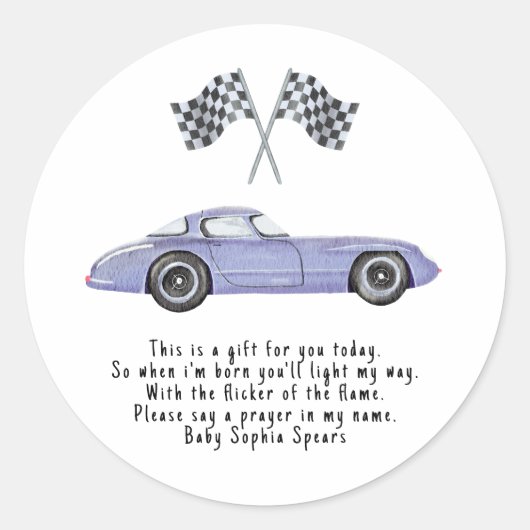 Raceauto. Gebedskaarslabel Ronde Sticker (Voorkant)