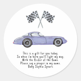Raceauto. Gebedskaarslabel Ronde Sticker