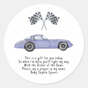 Raceauto. Gebedskaarslabel Ronde Sticker