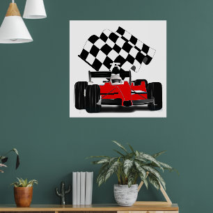 Raceauto met geblokte vlag poster