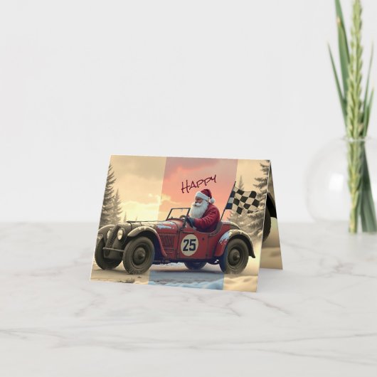 Raceauto met kerstman feestdagen kaart (Voorkant)