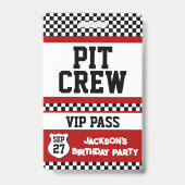 Raceauto Pit Crew VIP Pas Kinderverjaardag Badge (Voorzijde)