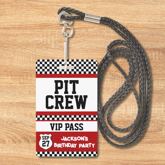 Raceauto Pit Crew VIP Pas Kinderverjaardag Badge