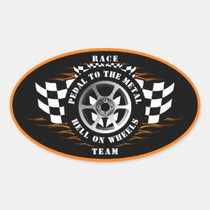 Raceauto Racing Geruite Vlag Vlammen Helm  Ovale Sticker