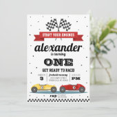 Raceauto verjaardagsuitnodiging kaart (Staand voorkant)