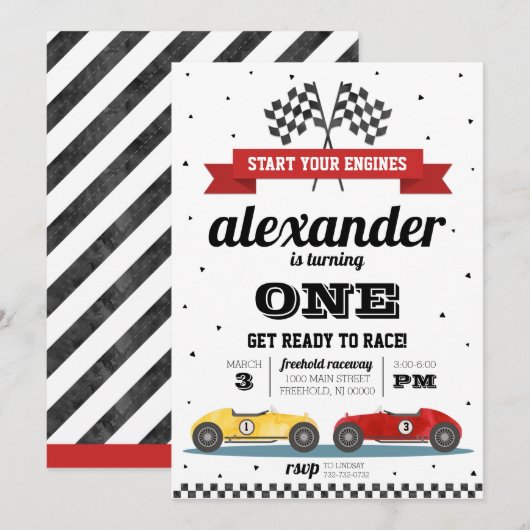 Raceauto verjaardagsuitnodiging kaart (Voorkant / Achterkant)