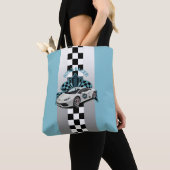 raceauto, zwart-wit, gekleurd blauw tote bag (Dichtbij)