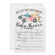 Raceauto's vullen Baby shower invitatie in