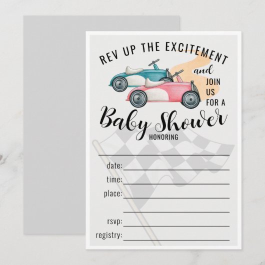 Raceauto's vullen Baby shower invitatie in Kaart (Voorkant / Achterkant)