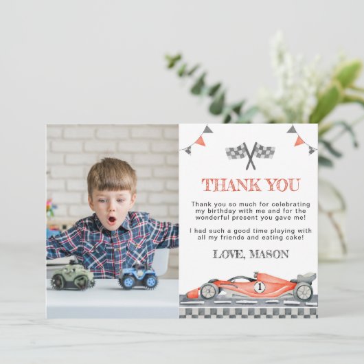 Raceautoverjaardagsfeest Foto Bedankt kaart (Staand voorkant)