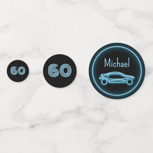 Racecar en zijn naam/leeftijd op neonblauw uiterli confetti (Voorkanten)