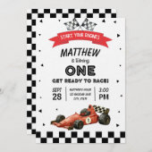 Racecar First Birthday Retro Watercolor Kaart (Voorkant / Achterkant)