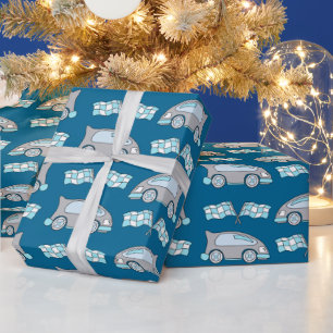 Racefietsen voor auto's Blauw Kinder Patroon Cadeaupapier