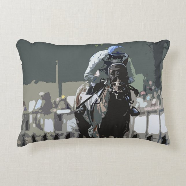 Racehorse met jockey in blauw accent kussen (Voorkant)