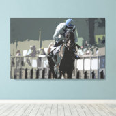 Racehorse met jockey in blauw canvas Print (Insitu (Houten vloer))