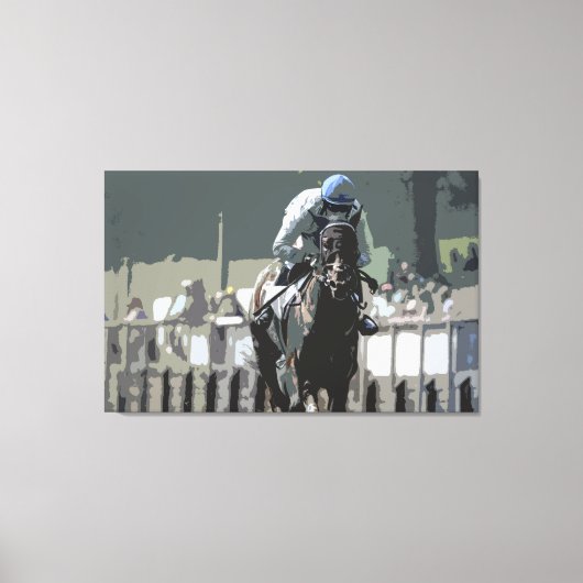 Racehorse met jockey in blauw canvas Print (Voorkant)