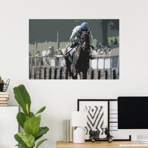 Racehorse met jockey in blauw Poster