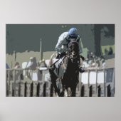 Racehorse met jockey in blauw Poster (Voorkant)