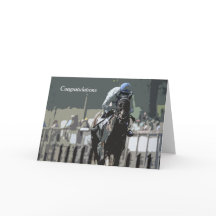 Racehorse met jockey in blauw Wenskaart