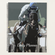 Racehorse met jockey in blauwe dagelijkse planner