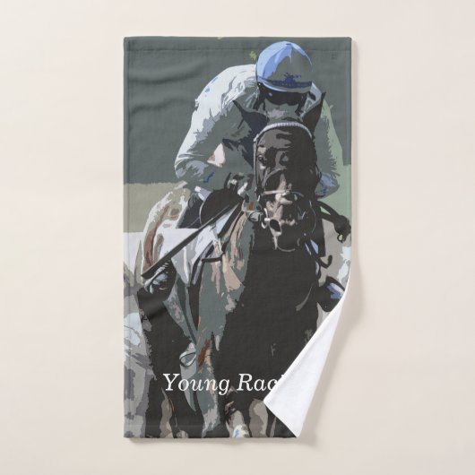 Racehorse met jockey in blauwe handdoek (Handdoek)