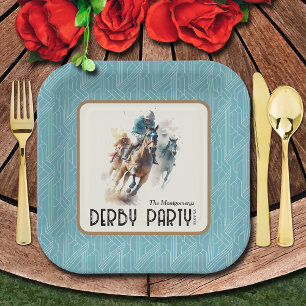 Racehorses Derby Party Aqua Square Papieren Bordje