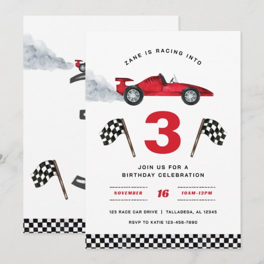 Racen in 3 Verjaardagsuitnodiging Kaart (Voorkant / Achterkant)