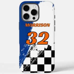 Racenaam Nummer Blauw Oranje Zwart en Wit iPhone 16 Pro Max Hoesje