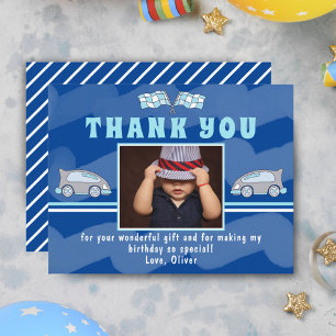Racende Auto Vlag Blauw Foto Verjaardag Bedankkaart