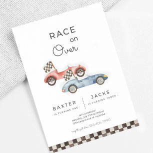 Racende Auto's Broer/Zus Blauw Rood 4e Verjaardag Kaart