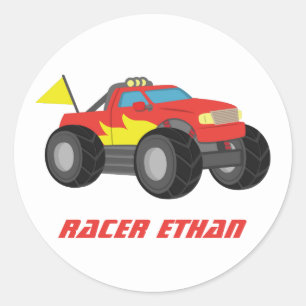 Racende vurige rode monstertruck, voor jongens ronde sticker