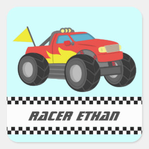 Racende vurige rode monstertruck, voor jongens vierkante sticker