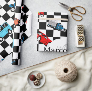 Racende zwart-wit modern patroon met auto's cadeaupapier