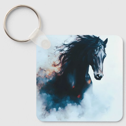Racende Zwarte Paard Portret Minimalistisch Sleutelhanger (Voorkant)