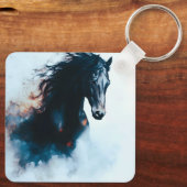 Racende Zwarte Paard Portret Minimalistisch Sleutelhanger (Achterkant)