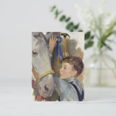  racepaard, Blue Ribbon Winnaar met een Jongen Briefkaart (Staand voorkant)