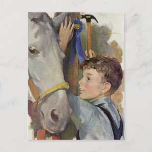  racepaard, Blue Ribbon Winnaar met een Jongen Briefkaart