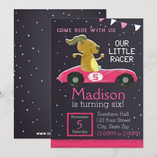 Racer Car Invitation (meisje) Kaart (Voorkant / Achterkant)