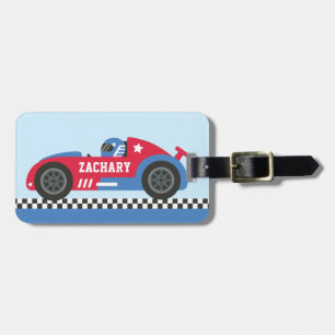 Racer in Blue en Red Race Car Kinder Bagagelabel