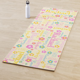 Rachel bloemen naam typografisch geel roze yogamat