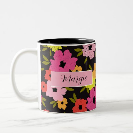 Rachel Floral Design Custom Name op Black Tweekleurige Koffiemok (Links)
