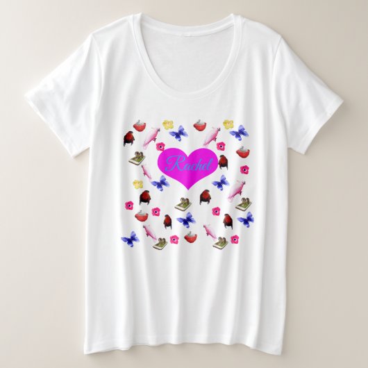 Rachel, naam, met Bunnies, Parrots Pattern, Grote Maat T-shirt (Design voorkant)