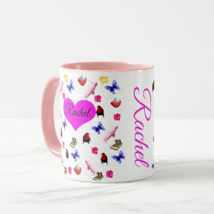 Rachel, naam, met Bunnies, Parrots Pattern, Mok