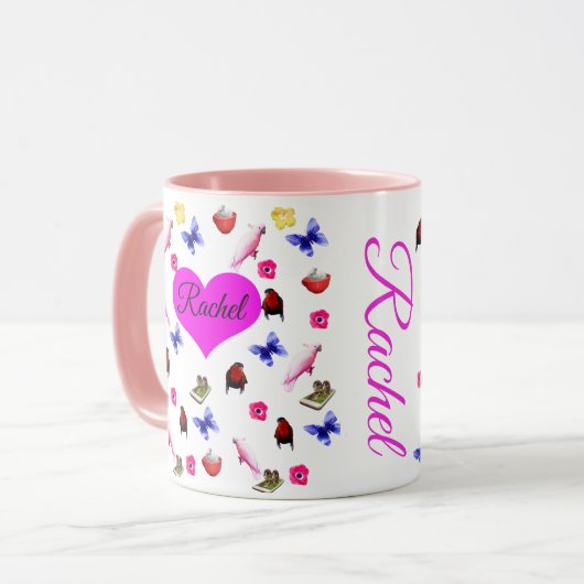 Rachel, naam, met Bunnies, Parrots Pattern, Mok (Voorkant links)