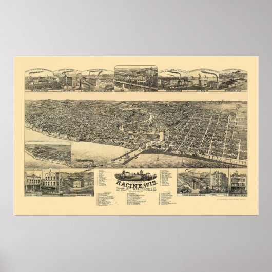 Racine, WI Panorama Kaart - 1883 Poster (Voorkant)