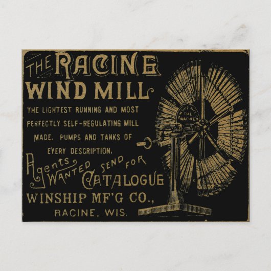 Racine Wind Mill Racine Wisconsin 1889 Briefkaart (Voorkant)