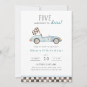 Racing 5e verjaardag uitnodiging, blauwe auto 5e B Kaart (Voorkant)