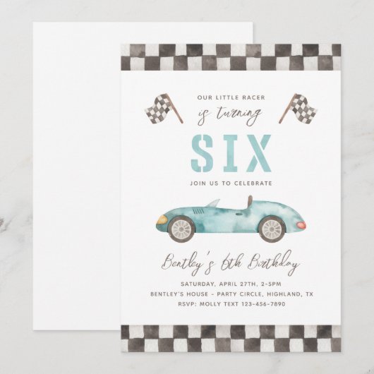 Racing 6e verjaardag uitnodiging | Snelle uitnodig (Voorkant / Achterkant)