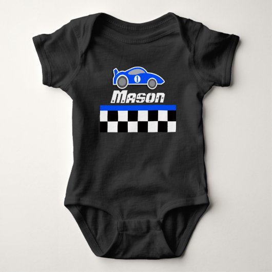 Racing bestuurder blauwe auto aangepaste naam baby romper (Voorkant)