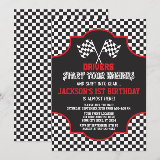 Racing Birthday Invitation, Race Car Invite Kaart (Voorkant / Achterkant)